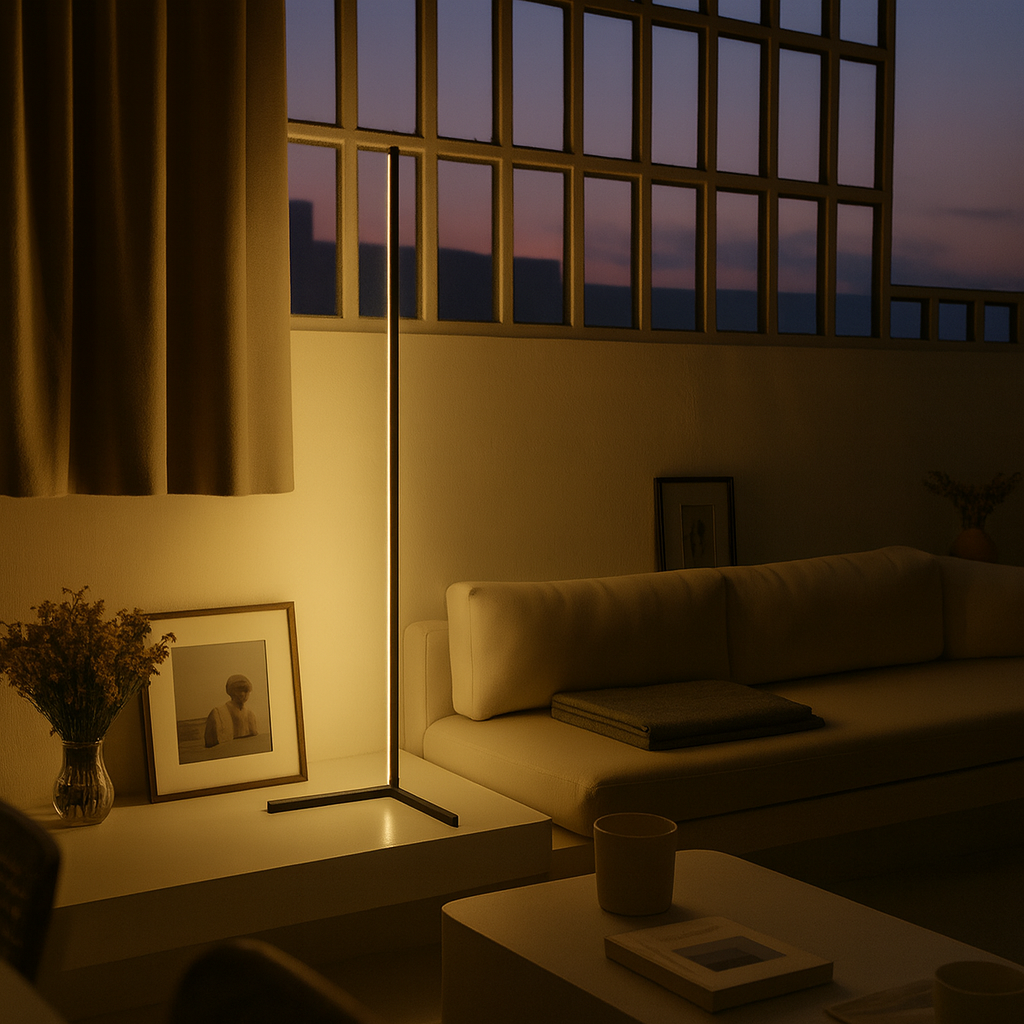 Elegant KYOTO smart floor lamp illuminating a cozy living room with sofa and artwork.